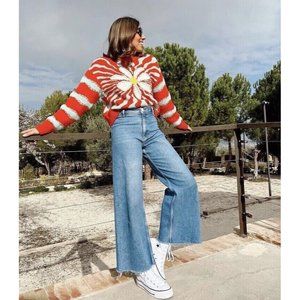 ZARA Jacquard Sweater Flower Orange & Teal Blue Retro Checkered Back, S Small